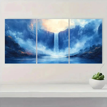 3pcs Vibrant Blue & Golden Sunset Landscape Metal Print Ready to Hang Art - Bella Home Decor