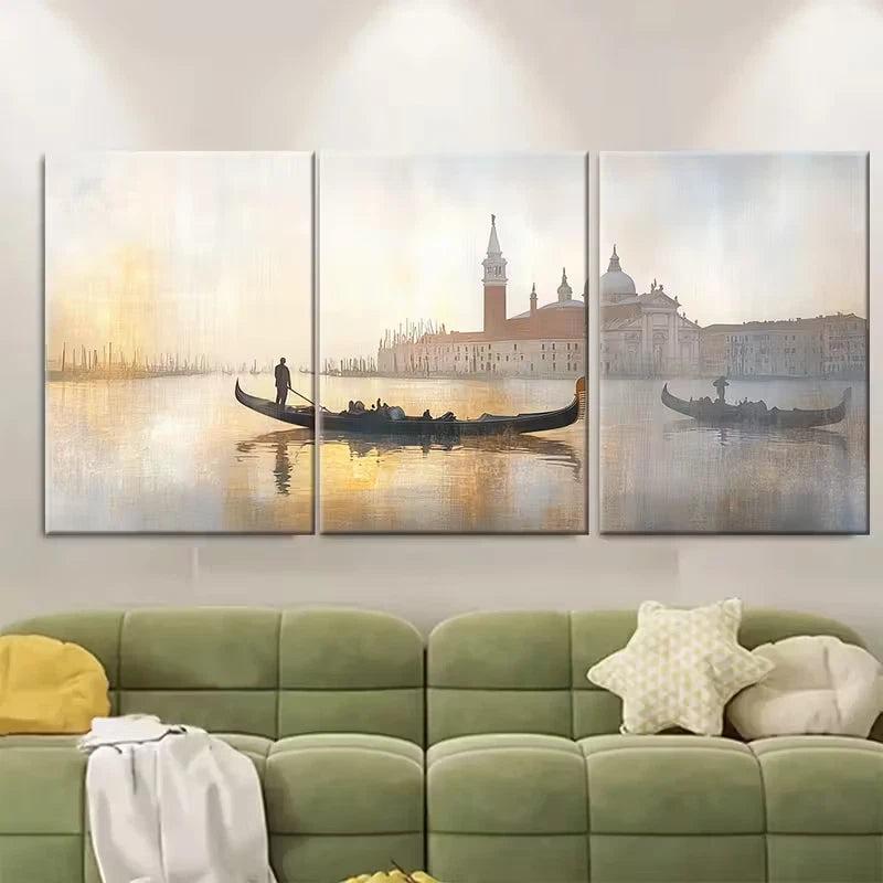 3pcs Misty Morning Scene with Gondolas Metal Print Ready to Hang Art