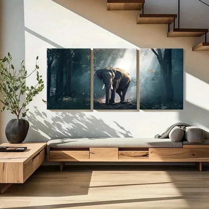3pcs Elephant in Enchanted Forest Landscape Wall Art Set Canvas Framed 60x90cm - High Quality Print 100% Australian Made Wall Canvas Ready to Hang