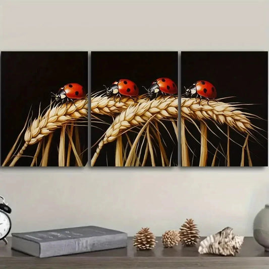 3pcs The Ladybug Is Standing on The Wheat Metal Print Ready to Hang Art