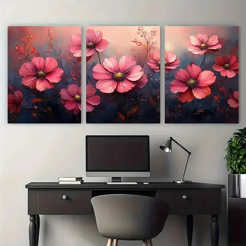 3pcs Elegant Pink Cosmos Watercolor Floral Metal Print Ready to Hang Art - Bella Home Decor