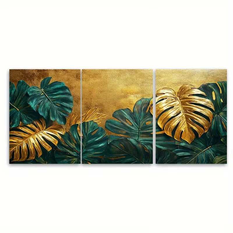 3pcs Luxury Golden Green Tropical Leaves Metal Print Ready to Hang Art - Bella Home Decor