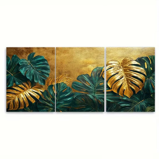 3pcs Luxury Golden Green Tropical Leaves Metal Print Ready to Hang Art