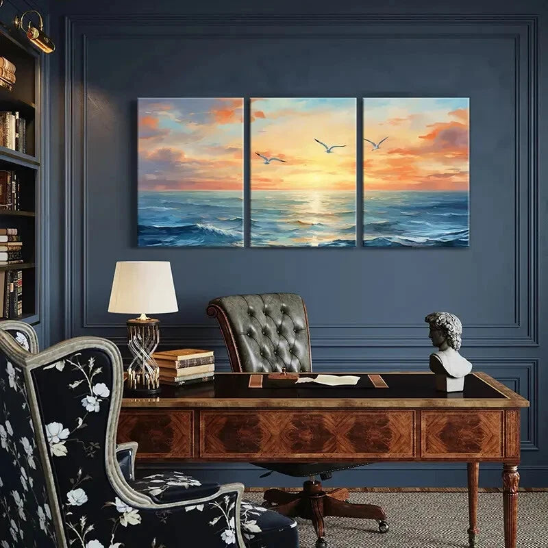 3pcs Sunset Ocean Seagulls Sky Clouds Metal Print Ready to Hang Art - Bella Home Decor