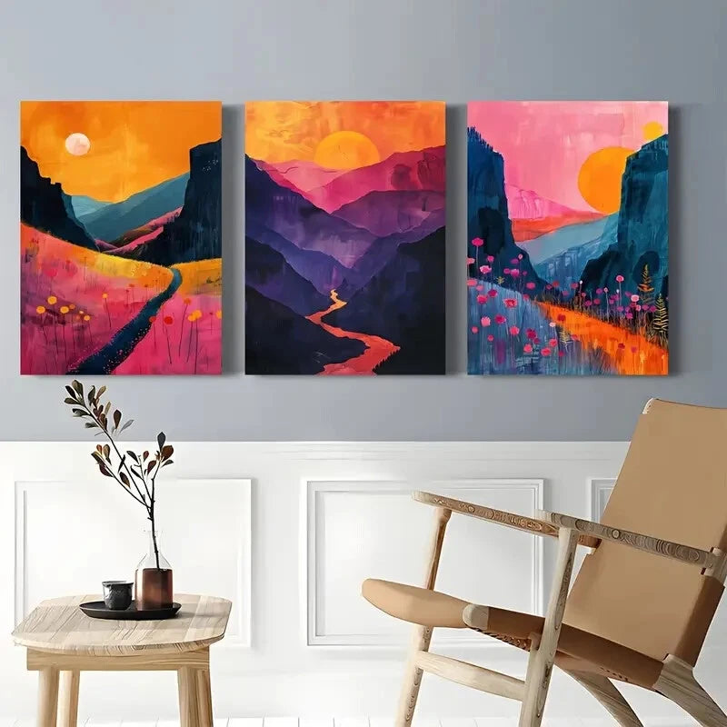 3pcs Vibrant Abstract Colorful Mountain Metal Print Ready to Hang Art - Bella Home Decor