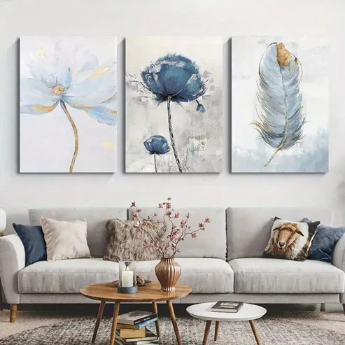 3pcs Blue Floral & Feather Abstract Canvas Framed 60x90 cm - High Quality Print 100% Australian Made Wall Canvas Ready to Hang