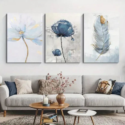 3pcs Blue Floral & Feather Abstract Canvas Framed 60x90 cm - High Quality Print 100% Australian Made Wall Canvas Ready to Hang