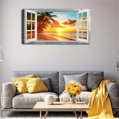 Tropical Beach Sunset Scene Wall Art Canvas Office Home Room Framed 120x60cm