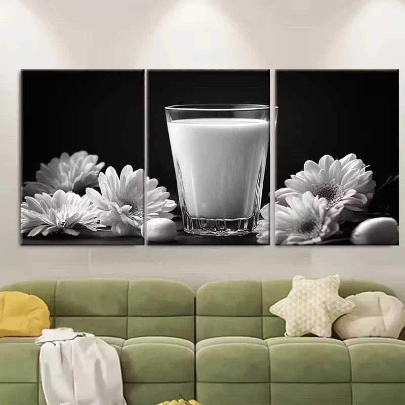 3pcs Black and White Minimalist Glass of Milk Metal Print Ready to Hang Art - Bella Home Decor