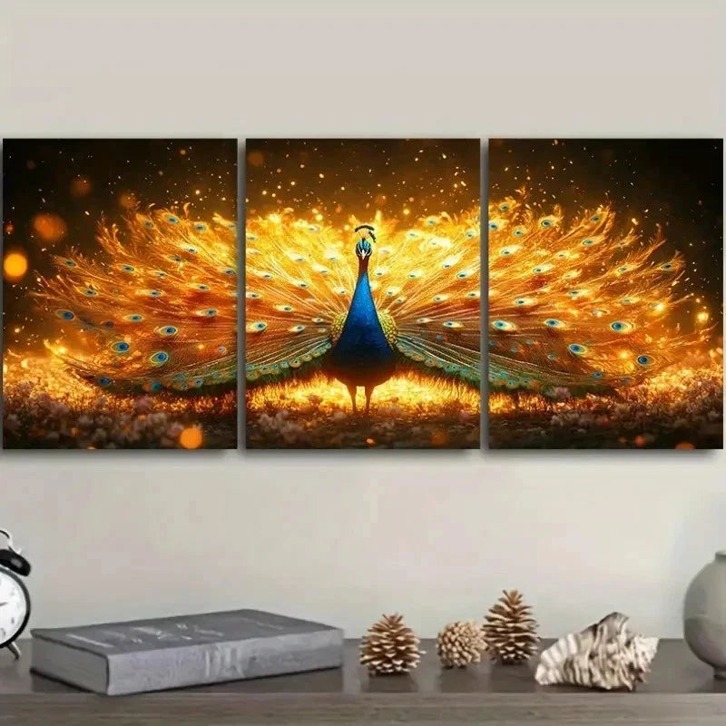 3pcs Golden Peacock Art Decoration Wall Art Set Canvas Framed 50x70cm - High Quality Print 100% Australian Made Wall Canvas Ready to Hang - Bella Home Decor