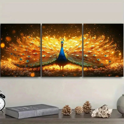 3pcs Golden Peacock Art Decoration Wall Art Set Canvas Framed 50x70cm - High Quality Print 100% Australian Made Wall Canvas Ready to Hang - Bella Home Decor