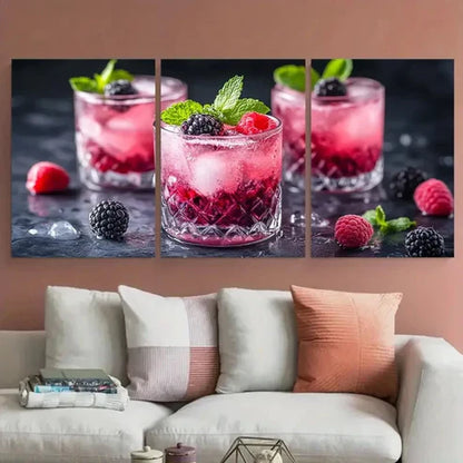 3pcs Fresh Berry Cocktail with Raspberry and Ice  Wall Art Set Canvas Unframed - High Quality Print 100% Australian Made Wall Canvas - Bella Home Decor