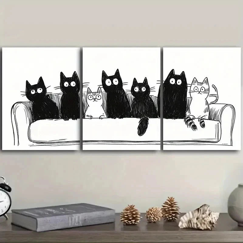 3pcs Black & White Cats Sitting on Couch Wall Art Set Canvas Framed 50x70cm - High Quality Print 100% Australian Made Wall Canvas Ready to Hang - Bella Home Decor