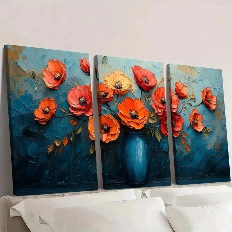 3pcs Red Orange poppies Artwork H    Wall Art Set Canvas Framed 60x90cm - High Quality Print 100% Australian Made Wall Canvas Ready to Hang