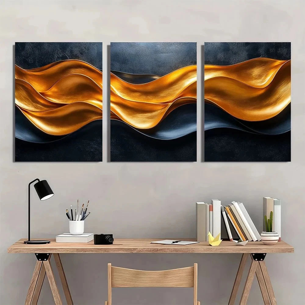 3pcs Modern Golden Wavy Lines Black Golden Metal Print Ready to Hang Art - Bella Home Decor