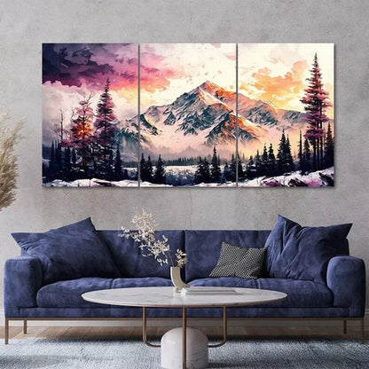 3 Piece Abstract Snow Mountain Forest Art with Golden Wall Art Set Canvas Unframed - High Quality Print 100% Australian Made Wall Canvas - Bella Home Decor