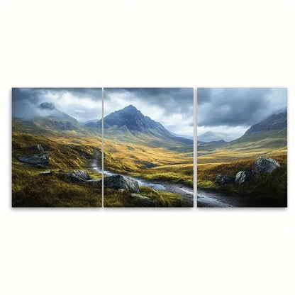 3pcs Celtic Highlands Moody Mountain Landscape Wall Art Set Canvas Framed 50x70cm - High Quality Print 100% Australian Made Wall Canvas Ready to Hang - Bella Home Decor
