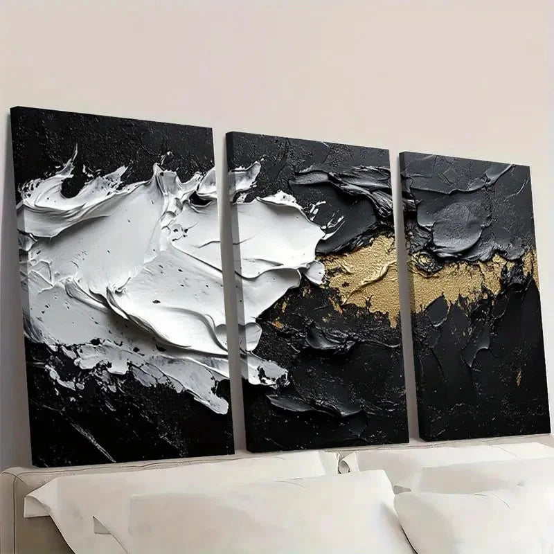 3pcs Black  White and Golden Metallic Finish f   Wall Art Set Canvas Framed 60x90cm - High Quality Print 100% Australian Made Wall Canvas Ready to Hang - Bella Home Decor