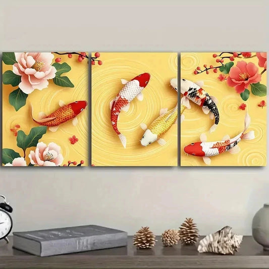 3pcs Koi Fishes in Floral Yellow Background Wall Art Set Canvas Framed 40x60cm - High Quality Print 100% Australian Made Wall Canvas Ready to Hang