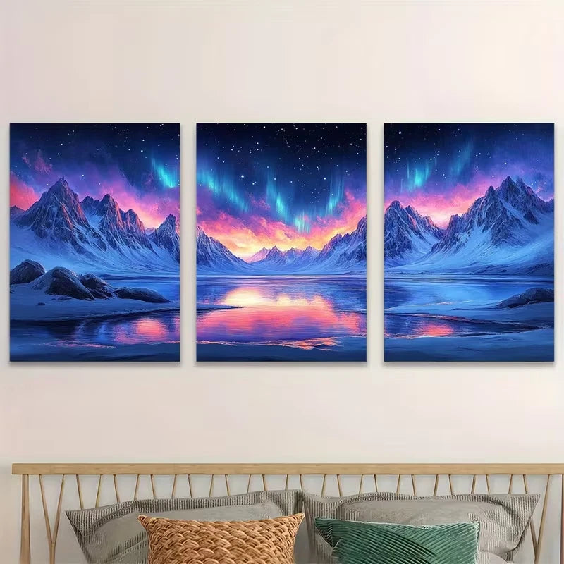 3pcs Northern Lights Over Snowy Mountains   Wall Art Set Canvas Framed 50x70cm - High Quality Print 100% Australian Made Wall Canvas Ready to Hang
