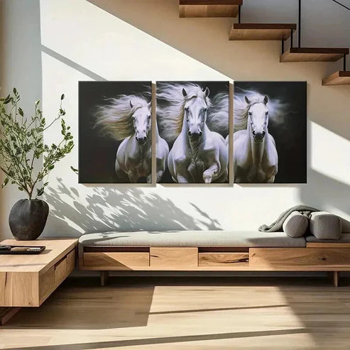 3pcs Galloping Three White Horses Wall Art Canvas Unframed - High Quality Print 100% Australian Made Wall Canvas - Bella Home Decor
