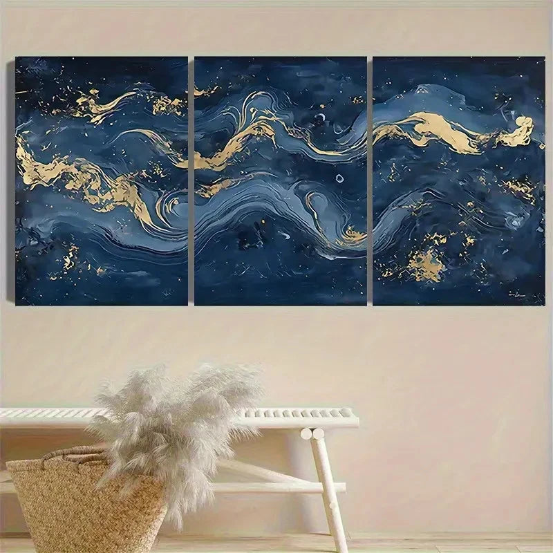 3pcs Dark Blue and Golden Abstract Wall Art Set Canvas Framed 60x90cm - High Quality Print 100% Australian Made Wall Canvas Ready to Hang - Bella Home Decor
