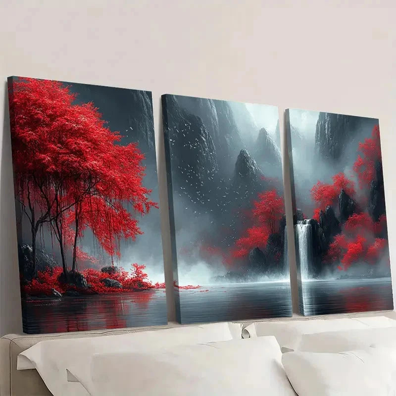 3pcs Fantasy Red Trees & WaterfallsT  Wall Art Set Canvas Framed 40x60cm - High Quality Print 100% Australian Made Wall Canvas Ready to Hang
