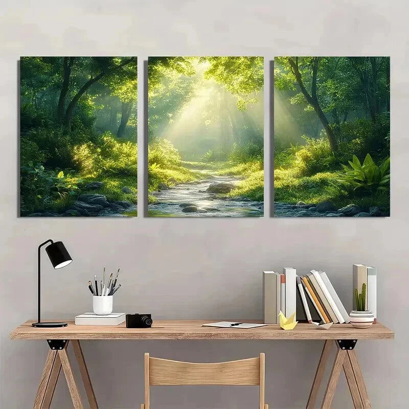 3pcs Serene Green Forest Lush Trees & Stream Wall Art Set Canvas Framed 60x90cm - High Quality Print 100% Australian Made Wall Canvas Ready to Hang - Bella Home Decor