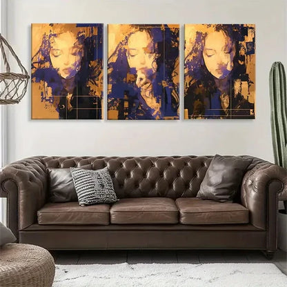 3pcs Human Face in Bold Orange & Blue Wall Art Canvas Unframed - High Quality Print 100% Australian Made Wall Canvas