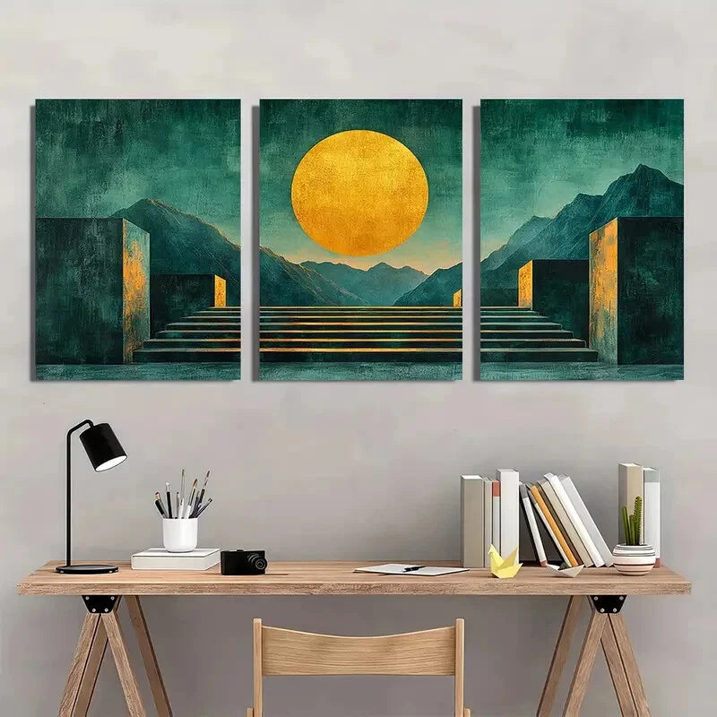 3pcs Minimalist Blue Green Abstract Geometric Metal Print Ready to Hang Art - Bella Home Decor
