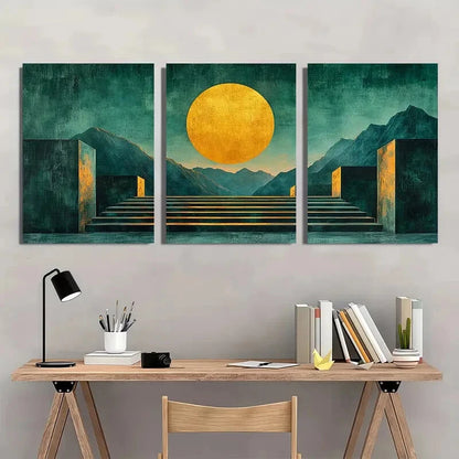 3pcs Minimalist Blue Green Abstract Geometric Metal Print Ready to Hang Art - Bella Home Decor