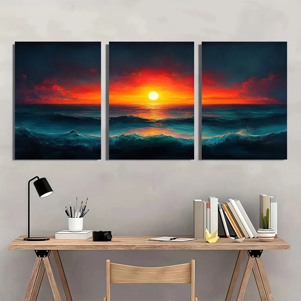 3pcs Boho Sunset Ocean Waves & Starry Sky Metal Print Ready to Hang Art - Bella Home Decor