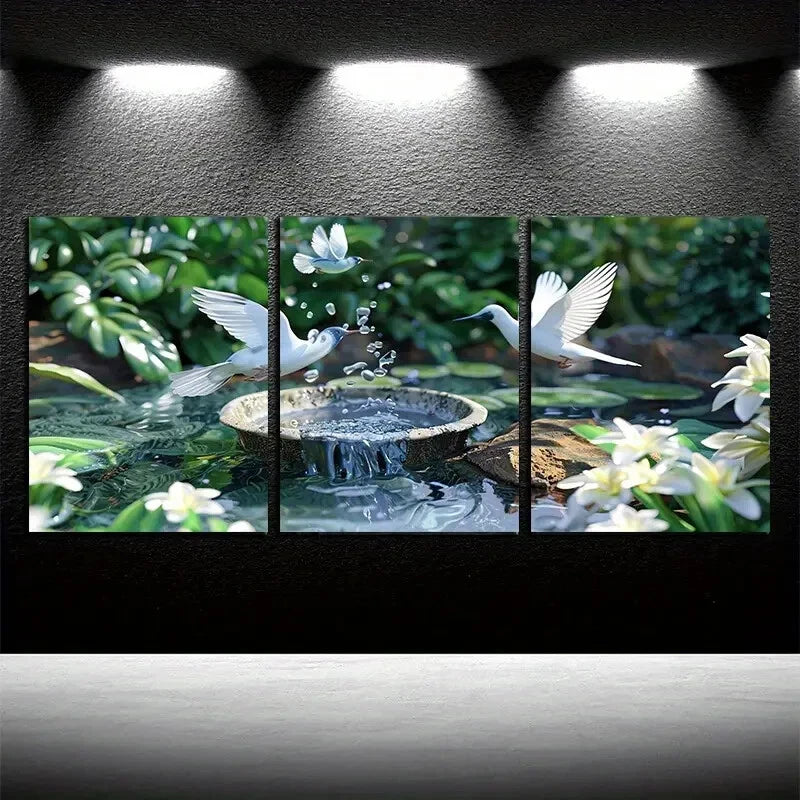 3pcs Vibrant Peace Dove with Lake and Florals Metal Print Ready to Hang Art