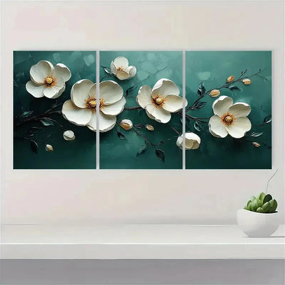 3pcs Abstract White Floral Oil Painting Metal Print Ready to Hang Art - Bella Home Decor