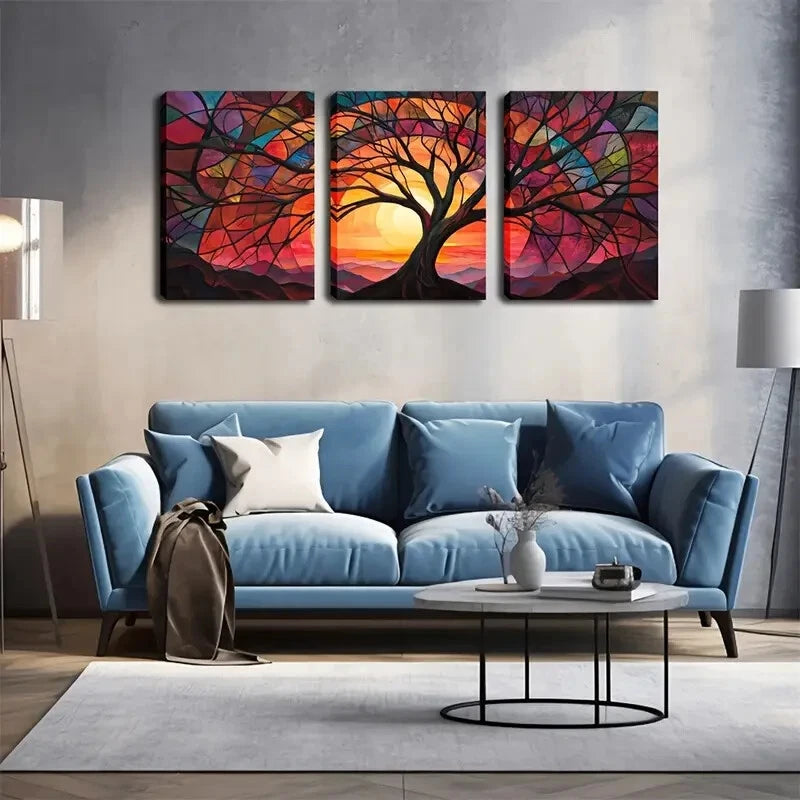 3pcs Autumn Sunrise Tree Landscape Triptych Metal Print Ready to Hang Art