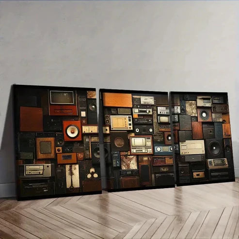 3pcs Featuring a Collage of Retro Audio Devices Wall Art Canvas Unframed - High Quality Print 100% Australian Made Wall Canvas