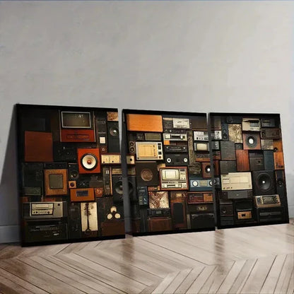 3pcs Featuring a Collage of Retro Audio Devices Wall Art Canvas Unframed - High Quality Print 100% Australian Made Wall Canvas