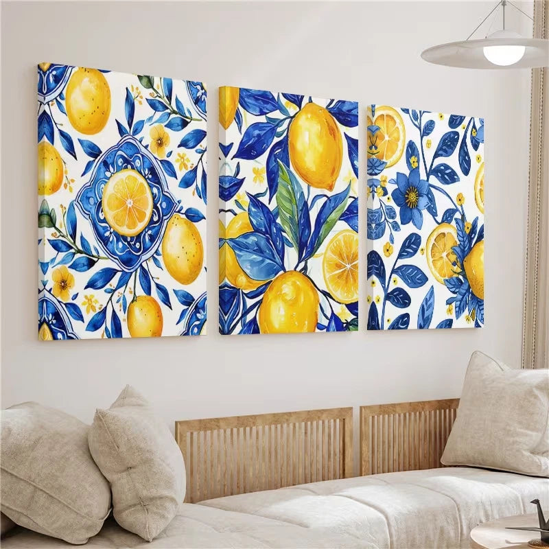 3pcs Blue Yellow Lemon Painting Wall Art Set Canvas Framed 50x70cm - High Quality Print 100% Australian Made Wall Canvas Ready to Hang - Bella Home Decor