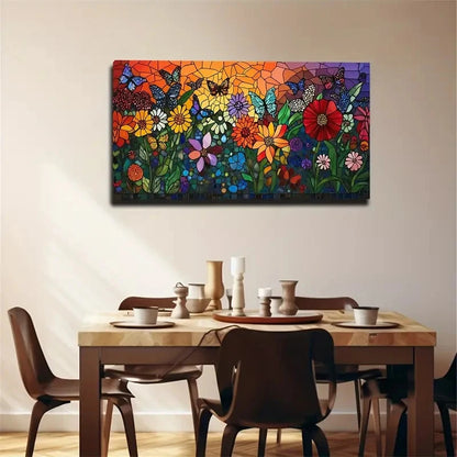 Vibrant Floral Stained Glass Wall Art Canvas Office Home Room Framed 120x60cm