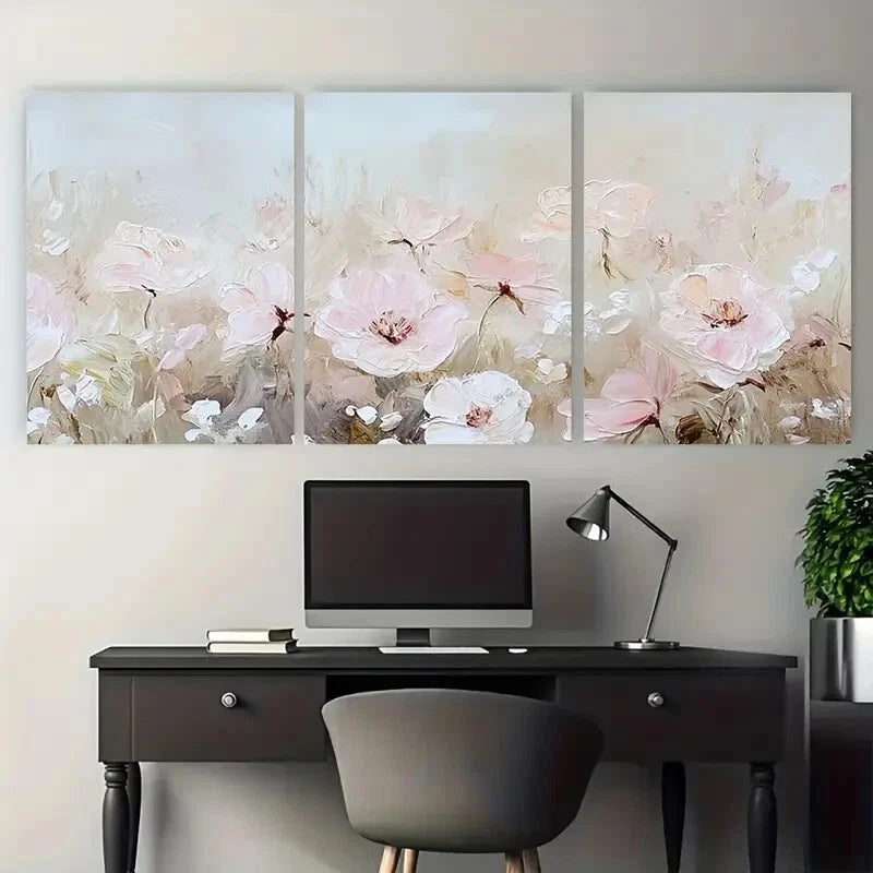 3pcs Vibrant Pink & White Flowers in Soft Pastel Metal Print Ready to Hang Art - Bella Home Decor