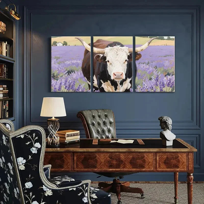 3pcs Cow Art Print Lavender Field Landscape Metal Print Ready to Hang Art - Bella Home Decor