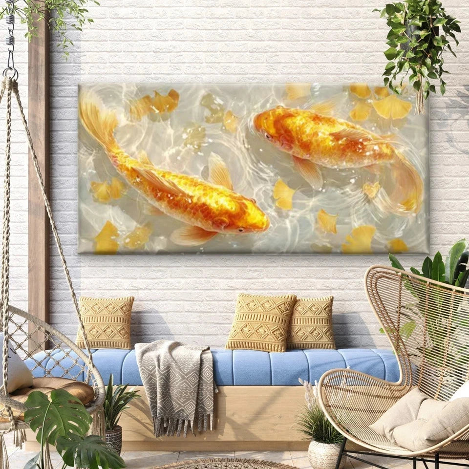 Golden Ginkgo Leaves Fish Wall Art Canvas Office Home Room Framed 120x60cm