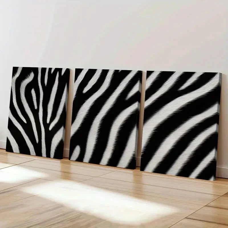 3pcs Black And White Abstract Zebra Stripes   Wall Art Set Canvas Framed 40x60cm - High Quality Print 100% Australian Made Wall Canvas Ready to Hang - Bella Home Decor