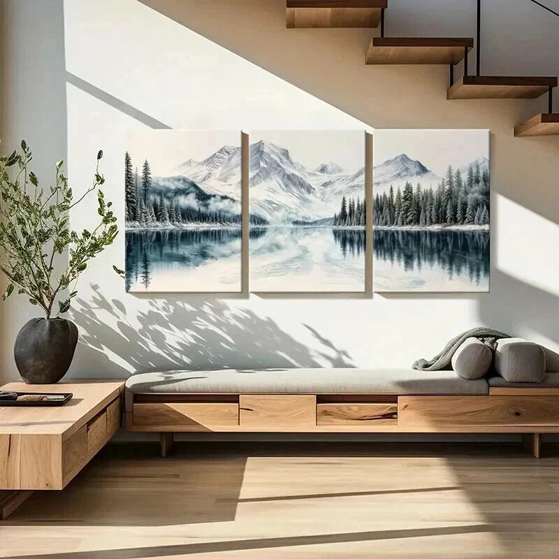 3pcs Snowy Mountains Serene Lake & Pine Trees Wall Art Set Canvas Framed 40x60cm - High Quality Print 100% Australian Made Wall Canvas Ready to Hang - Bella Home Decor