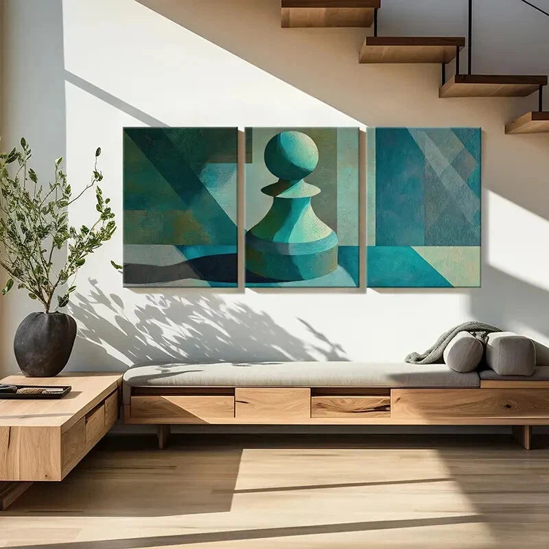 3pcs Abstract Chess Piece Geometric Patterns Blue Metal Print Ready to Hang Art - Bella Home Decor