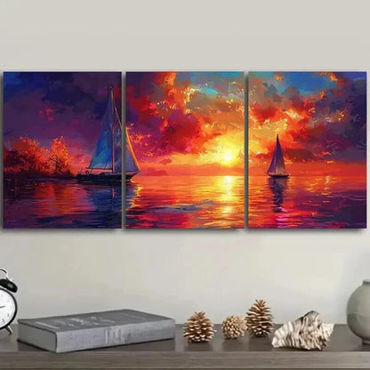 3pcs Little White Boats on Ocean at Sunset Art Set Canvas Unframed - High Quality Print 100% Australian Made Wall Canvas