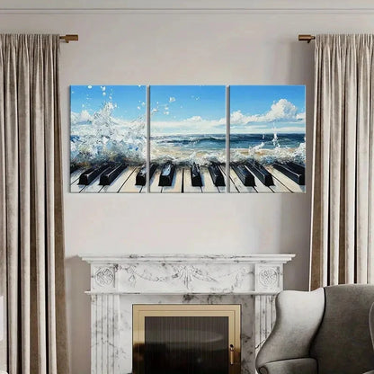 3pcs Ocean Waves Piano Keys Artwork Coastal Deco Metal Print Ready to Hang Art - Bella Home Decor