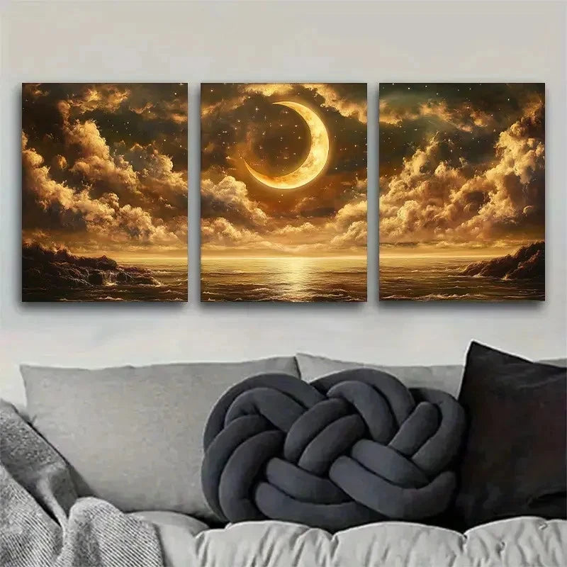 3pcs Golden Moon & Stars Reflecting Metal Print Ready to Hang Art - Bella Home Decor