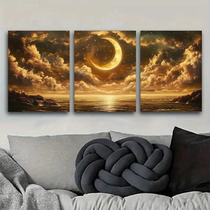 3pcs Golden Moon & Stars Reflecting Metal Print Ready to Hang Art - Bella Home Decor