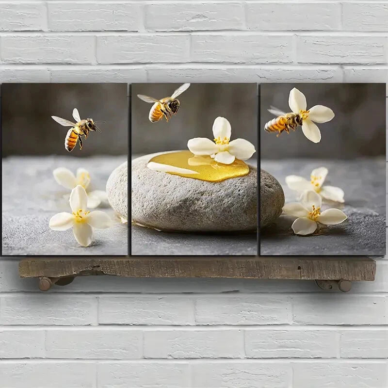 3pcs Bees on Osmanthus Painting Metal Print Ready to Hang Art - Bella Home Decor